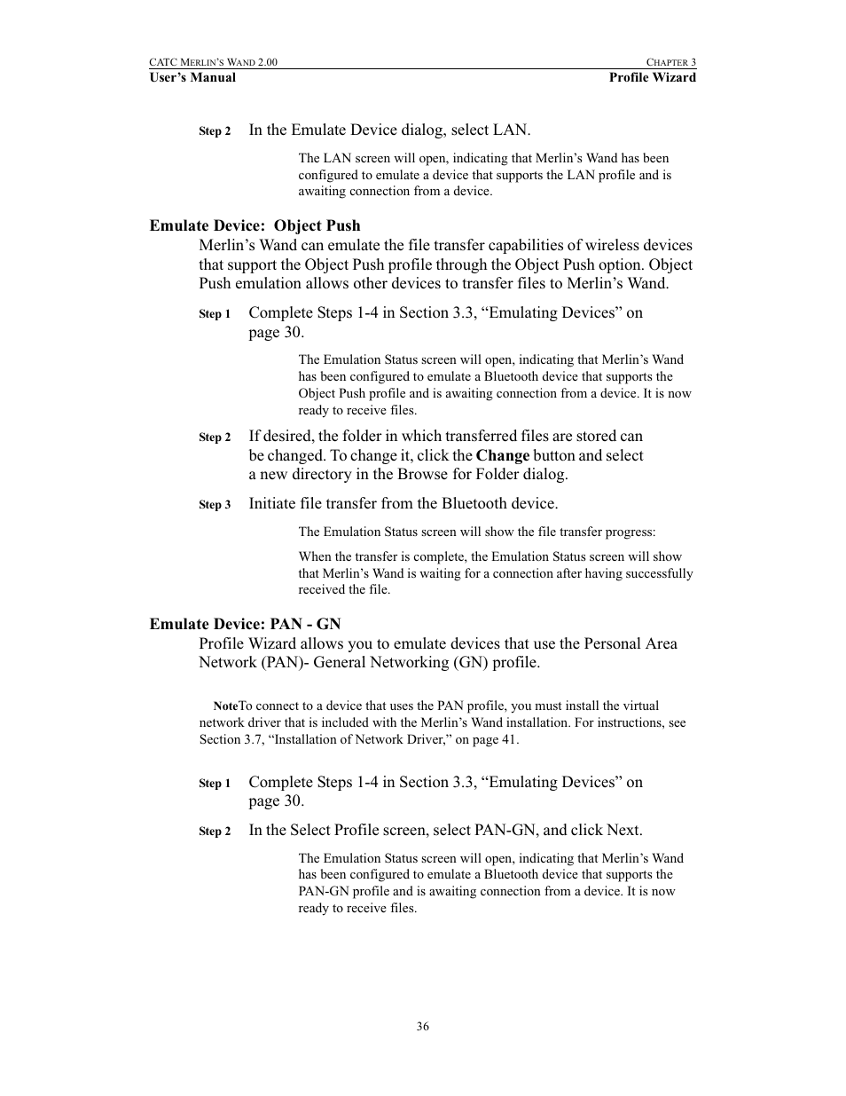 Emulate device: object push, Emulate device: pan - gn, Initiate file transfer from the bluetooth device | Teledyne LeCroy Merlins Wand - Users Manual User Manual | Page 52 / 298