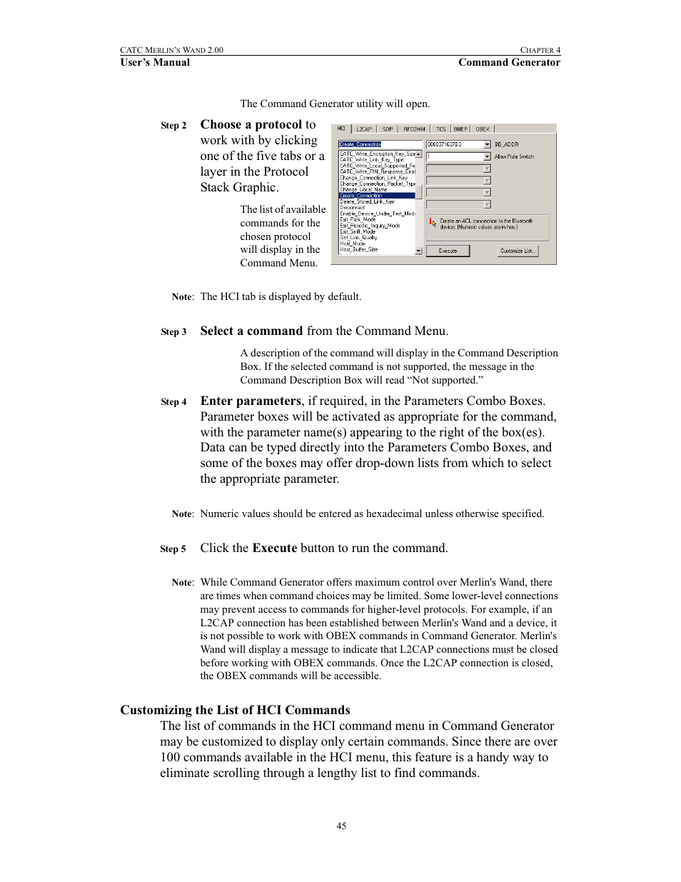 Customizing the list of hci commands, Select a command from the command menu, Click the execute button to run the command | Teledyne LeCroy Merlins Wand - Users Manual User Manual | Page 61 / 298