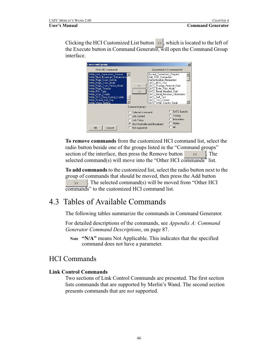 3 tables of available commands, Hci commands, Link control commands | Tables of available commands hci commands | Teledyne LeCroy Merlins Wand - Users Manual User Manual | Page 62 / 298