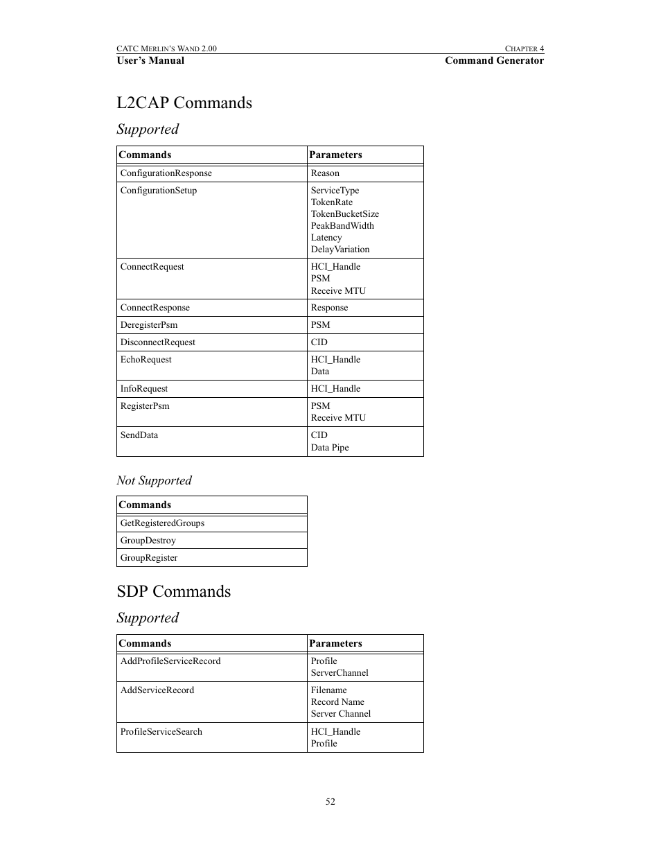 L2cap commands, Sdp commands, L2cap commands sdp commands | Supported, Not supported | Teledyne LeCroy Merlins Wand - Users Manual User Manual | Page 68 / 298
