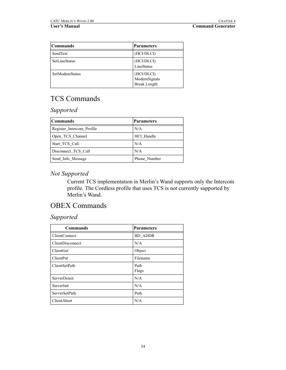 Tcs commands, Obex commands, Tcs commands obex commands | Supported not supported, Supported | Teledyne LeCroy Merlins Wand - Users Manual User Manual | Page 70 / 298