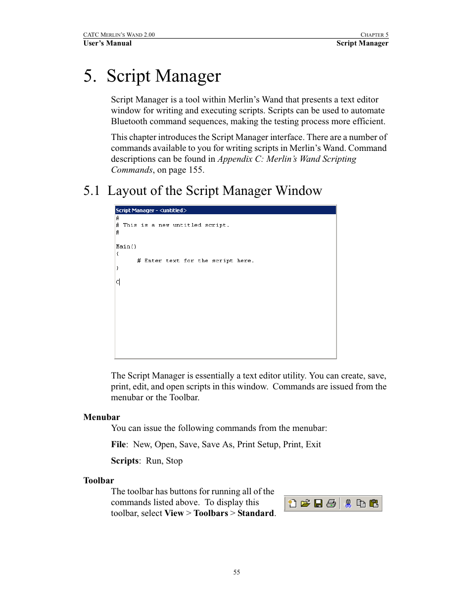 Script manager, 1 layout of the script manager window, Menubar | Toolbar, Chapter 5 script manager, Layout of the script manager window | Teledyne LeCroy Merlins Wand - Users Manual User Manual | Page 71 / 298