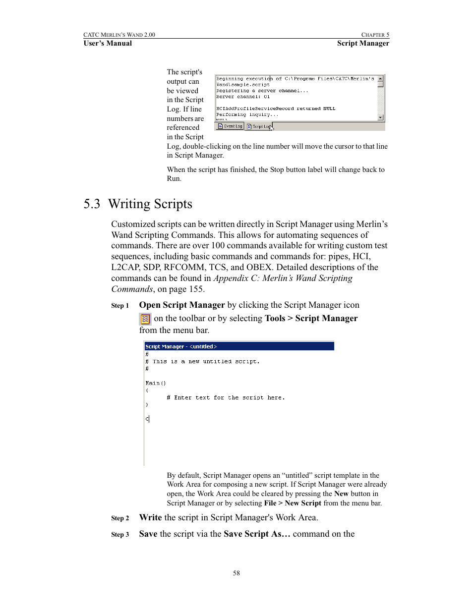 3 writing scripts, Writing scripts, Write the script in script manager's work area | Teledyne LeCroy Merlins Wand - Users Manual User Manual | Page 74 / 298