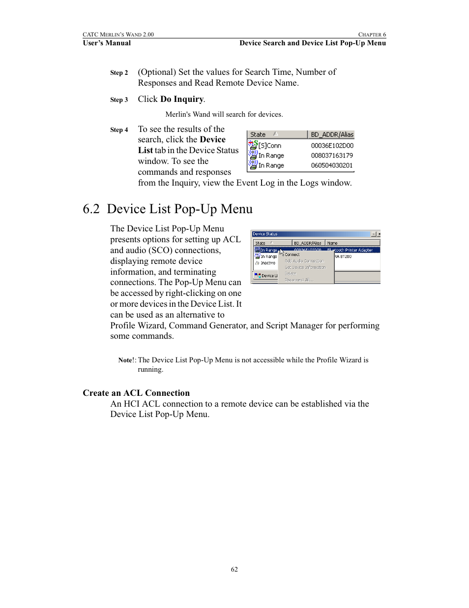2 device list pop-up menu, Create an acl connection, Device list pop-up menu | Click do inquiry | Teledyne LeCroy Merlins Wand - Users Manual User Manual | Page 78 / 298
