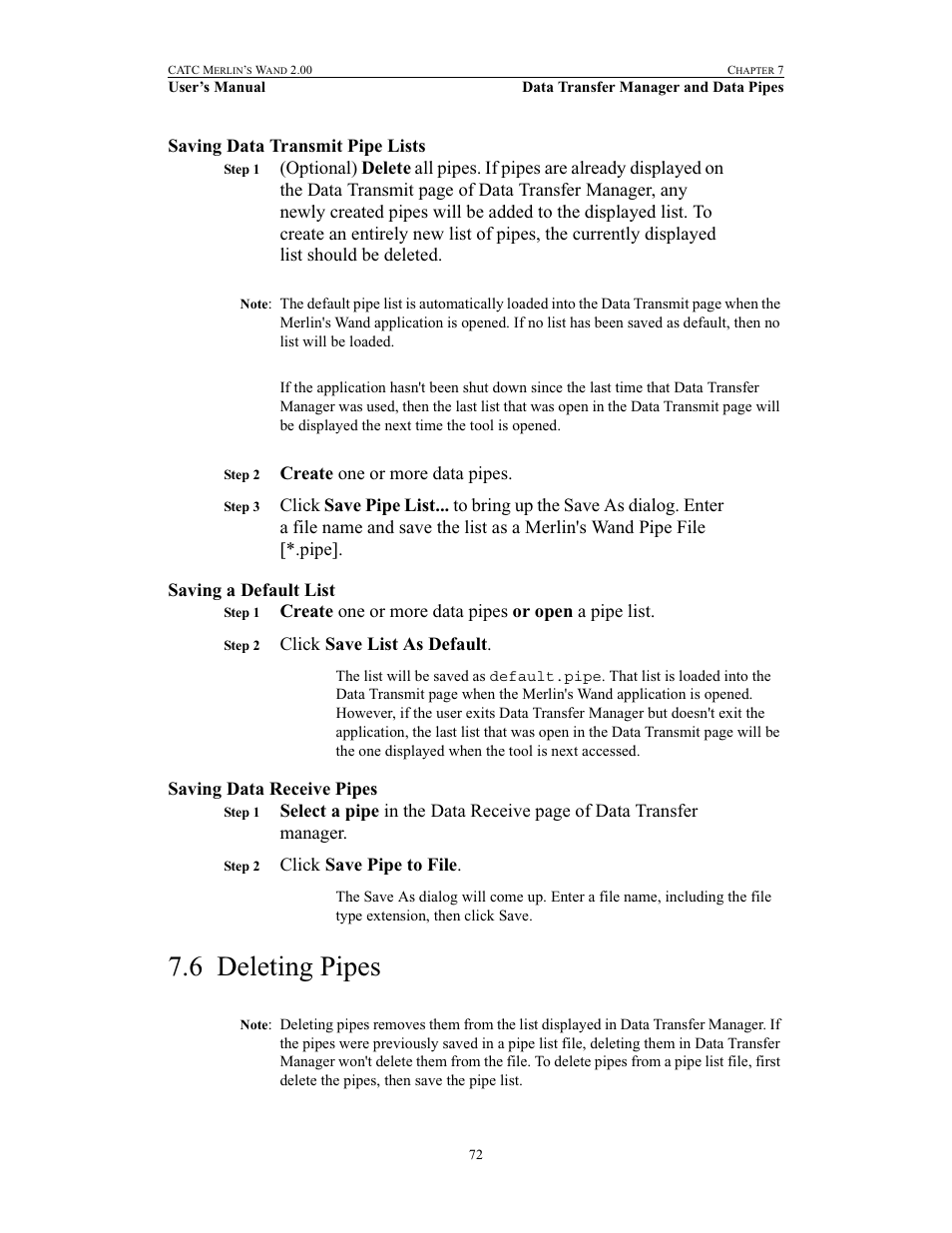 Saving data transmit pipe lists, Saving a default list, Saving data receive pipes | 6 deleting pipes, Deleting pipes | Teledyne LeCroy Merlins Wand - Users Manual User Manual | Page 88 / 298