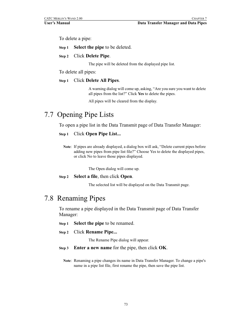 7 opening pipe lists, 8 renaming pipes, Opening pipe lists renaming pipes | Teledyne LeCroy Merlins Wand - Users Manual User Manual | Page 89 / 298