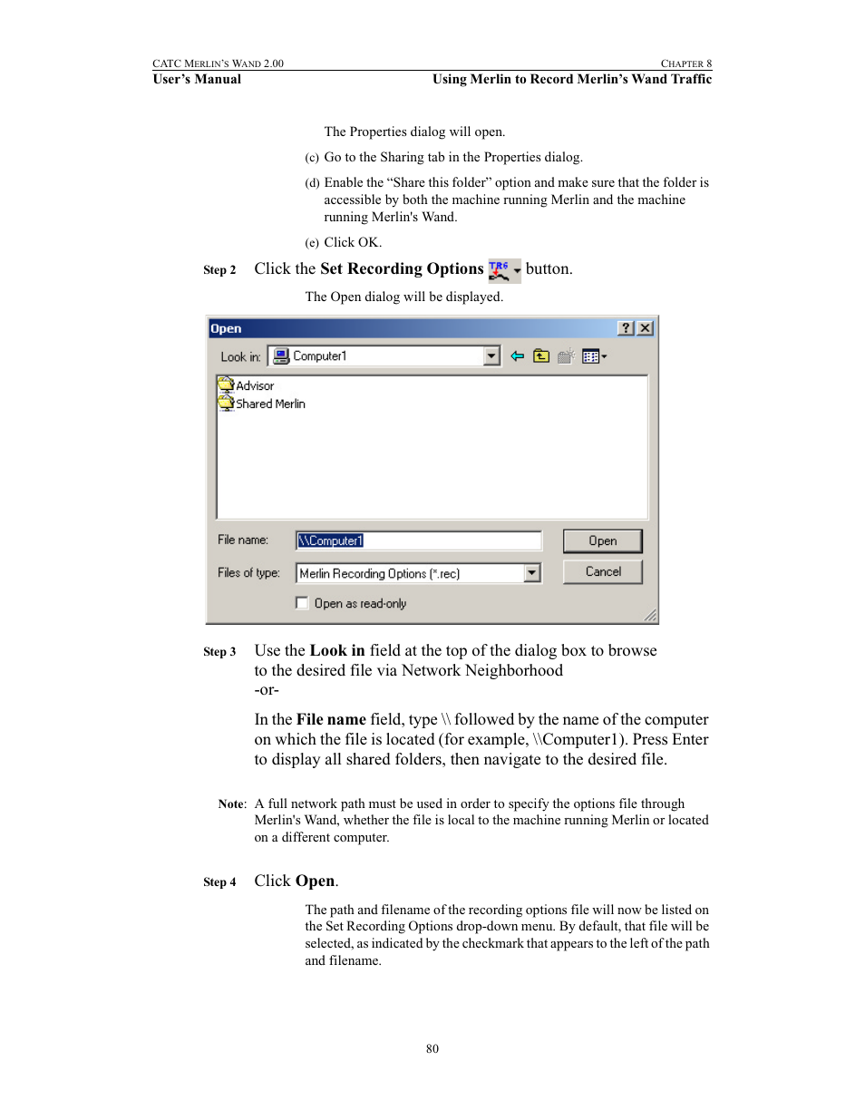 Click the set recording options button, Click open | Teledyne LeCroy Merlins Wand - Users Manual User Manual | Page 96 / 298