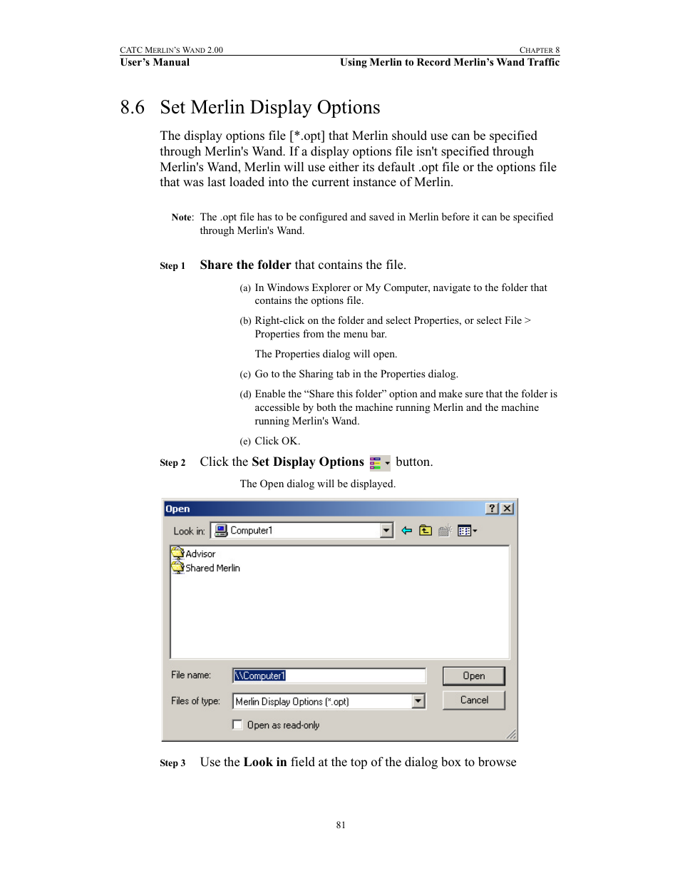 6 set merlin display options, Set merlin display options, Share the folder that contains the file | Click the set display options button | Teledyne LeCroy Merlins Wand - Users Manual User Manual | Page 97 / 298