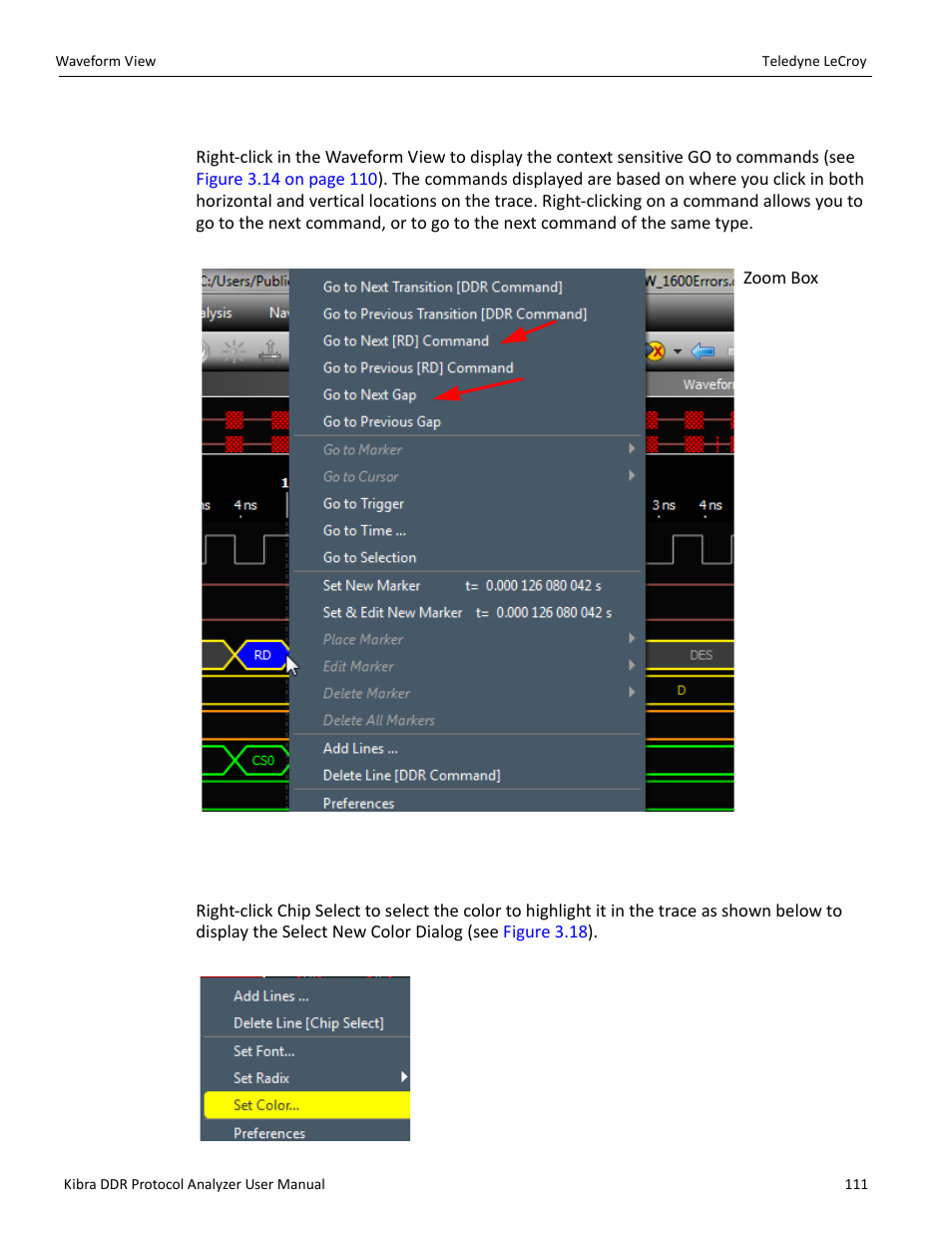 10 context sensitive menu, 11 choosing chip select color highlighting | Teledyne LeCroy Kibra DDR User Manual | Page 113 / 178