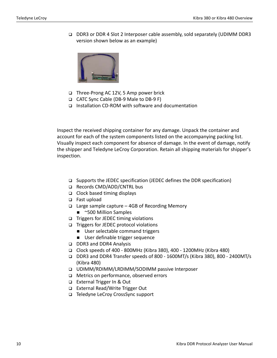 2 unpacking the kibra 380 or kibra 480, 3 kibra 380 or kibra 480 features | Teledyne LeCroy Kibra DDR User Manual | Page 12 / 178