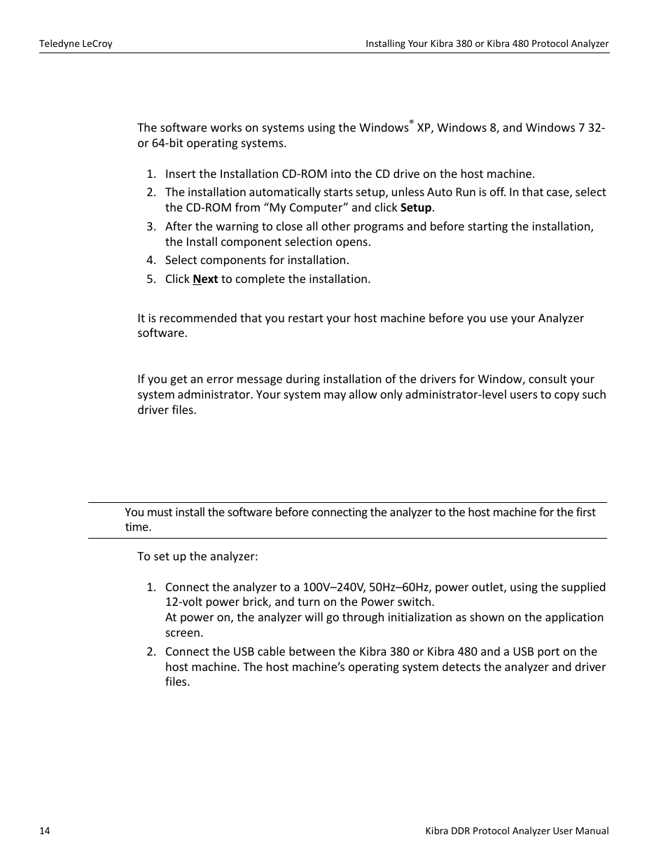 Software installation, System restart, Error message | 4 hardware setup, 1 connecting in general | Teledyne LeCroy Kibra DDR User Manual | Page 16 / 178