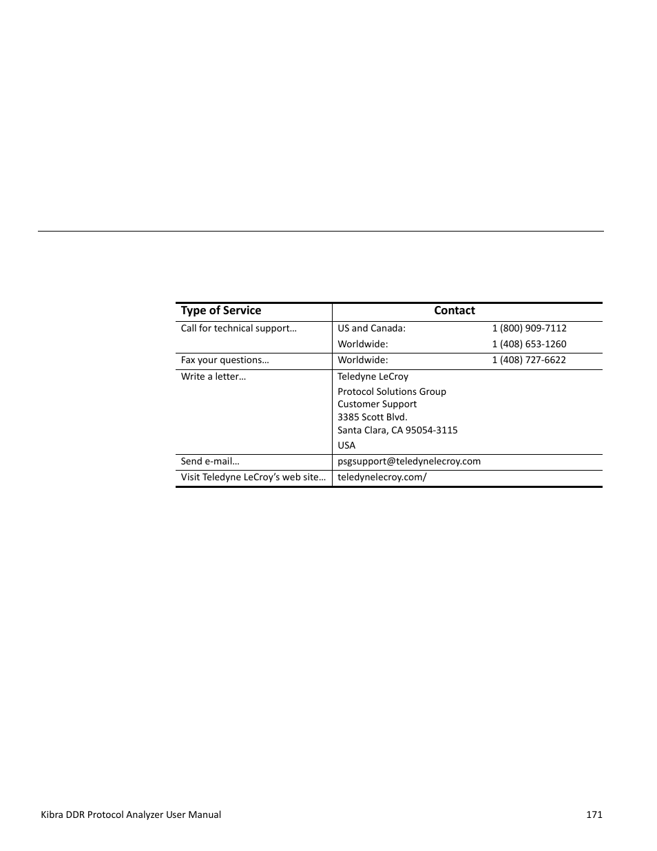 How to contact teledyne lecroy, Appendix c: how to contact teledyne lecroy, Appendix c | Teledyne LeCroy Kibra DDR User Manual | Page 173 / 178