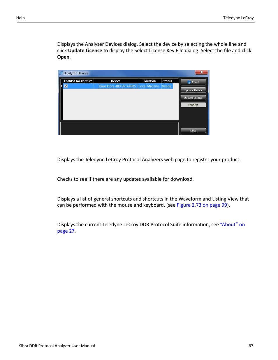 Update license, Register product online, Check for updates | Shortcut list, About | Teledyne LeCroy Kibra DDR User Manual | Page 99 / 178