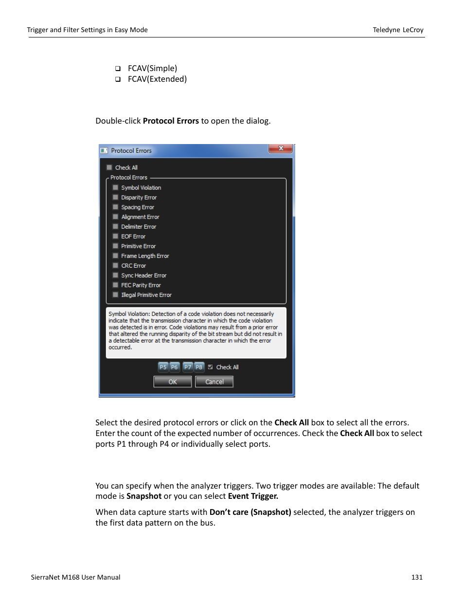 Fcav patterns, 22 protocol errors, 23 trigger setup | Trigger setup | Teledyne LeCroy SierraNet M168 User Manual Ver.1.50 User Manual | Page 133 / 248