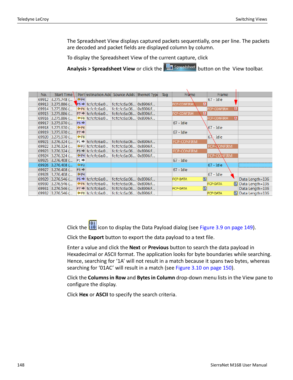 2 spreadsheet view, Data payload, Spreadsheet | Teledyne LeCroy SierraNet M168 User Manual Ver.1.50 User Manual | Page 150 / 248