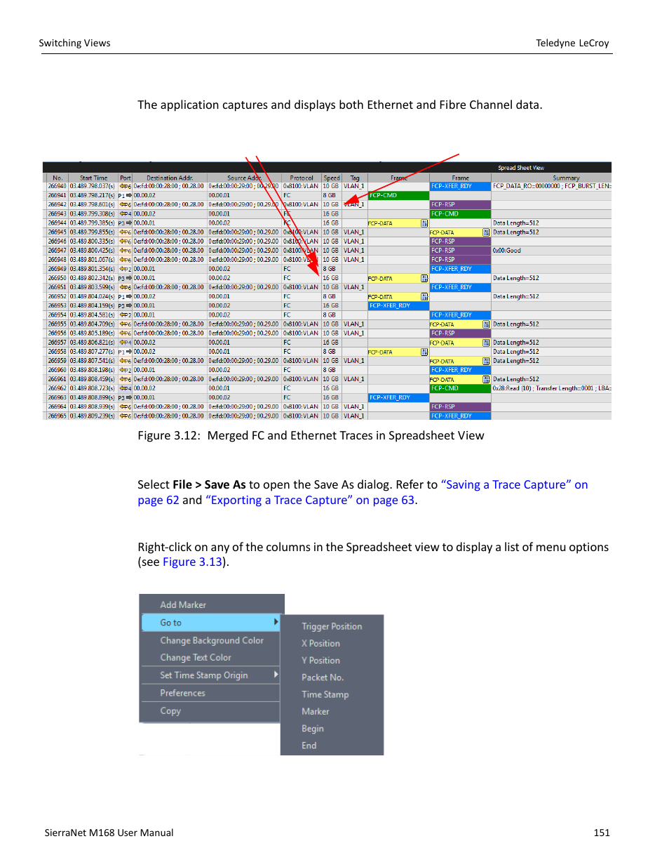 Save as and export, Spreadsheet view menu options | Teledyne LeCroy SierraNet M168 User Manual Ver.1.50 User Manual | Page 153 / 248
