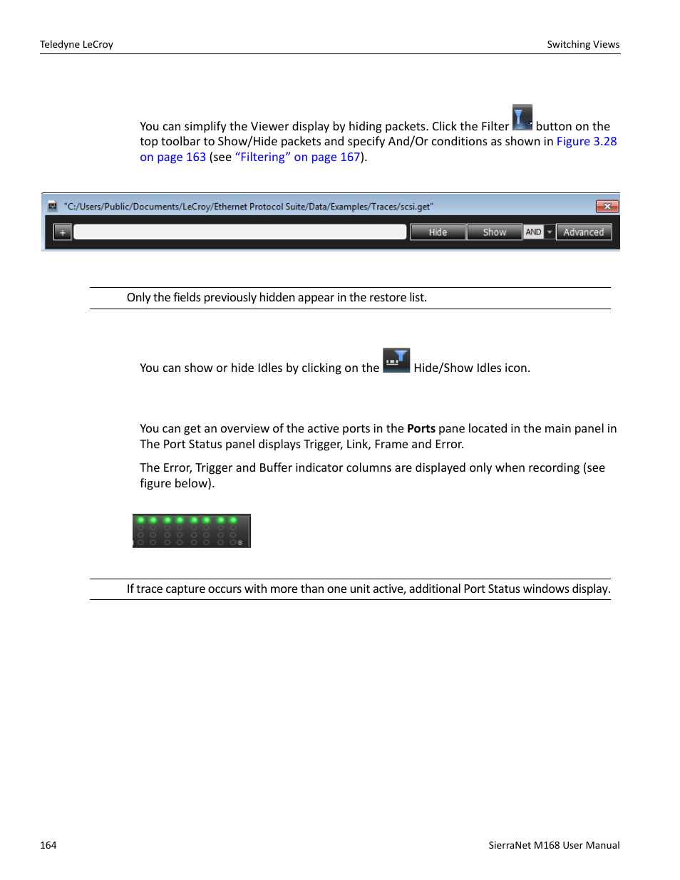 Filter: show/hide field, Show/hide idles, 8 ports status | Teledyne LeCroy SierraNet M168 User Manual Ver.1.50 User Manual | Page 166 / 248