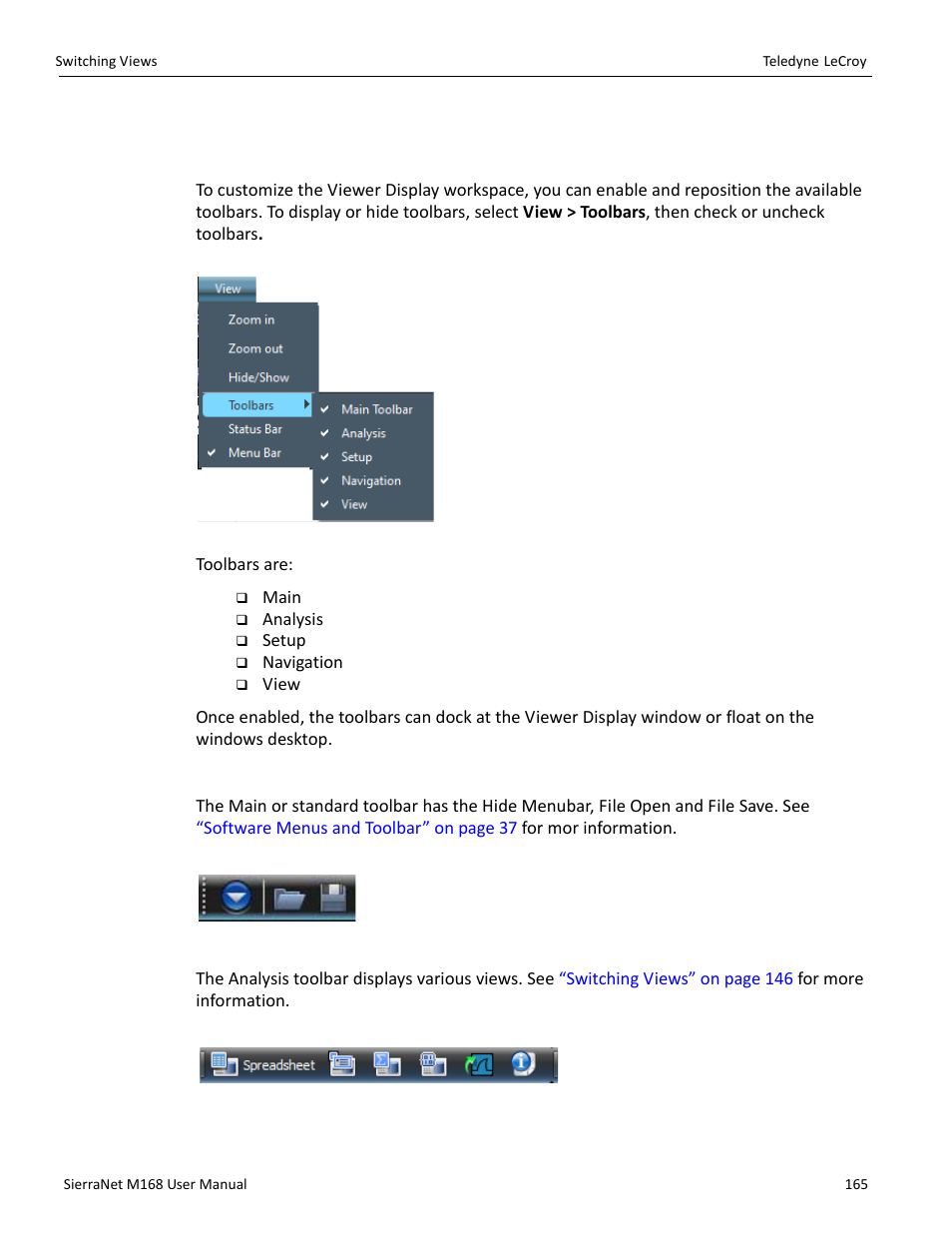 9 toolbars, Enabling tool bars, Main toolbar | Analysis toolbar | Teledyne LeCroy SierraNet M168 User Manual Ver.1.50 User Manual | Page 167 / 248