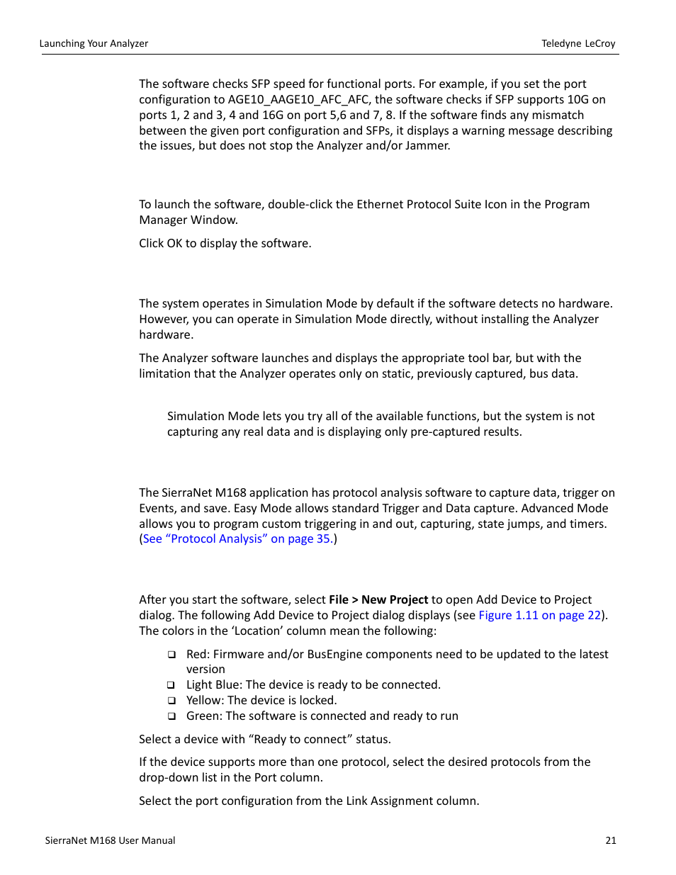 5 launching your analyzer, 1 operating in simulation mode, Limitations | 2 using the software, 3 add device to project | Teledyne LeCroy SierraNet M168 User Manual Ver.1.50 User Manual | Page 23 / 248