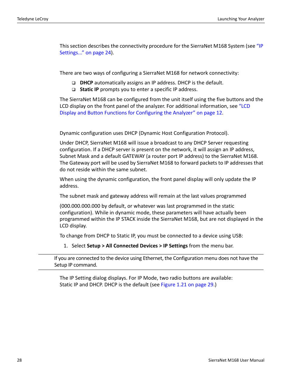 Setup ip, Configuring the ethernet connection, Dynamic configurations | Teledyne LeCroy SierraNet M168 User Manual Ver.1.50 User Manual | Page 30 / 248