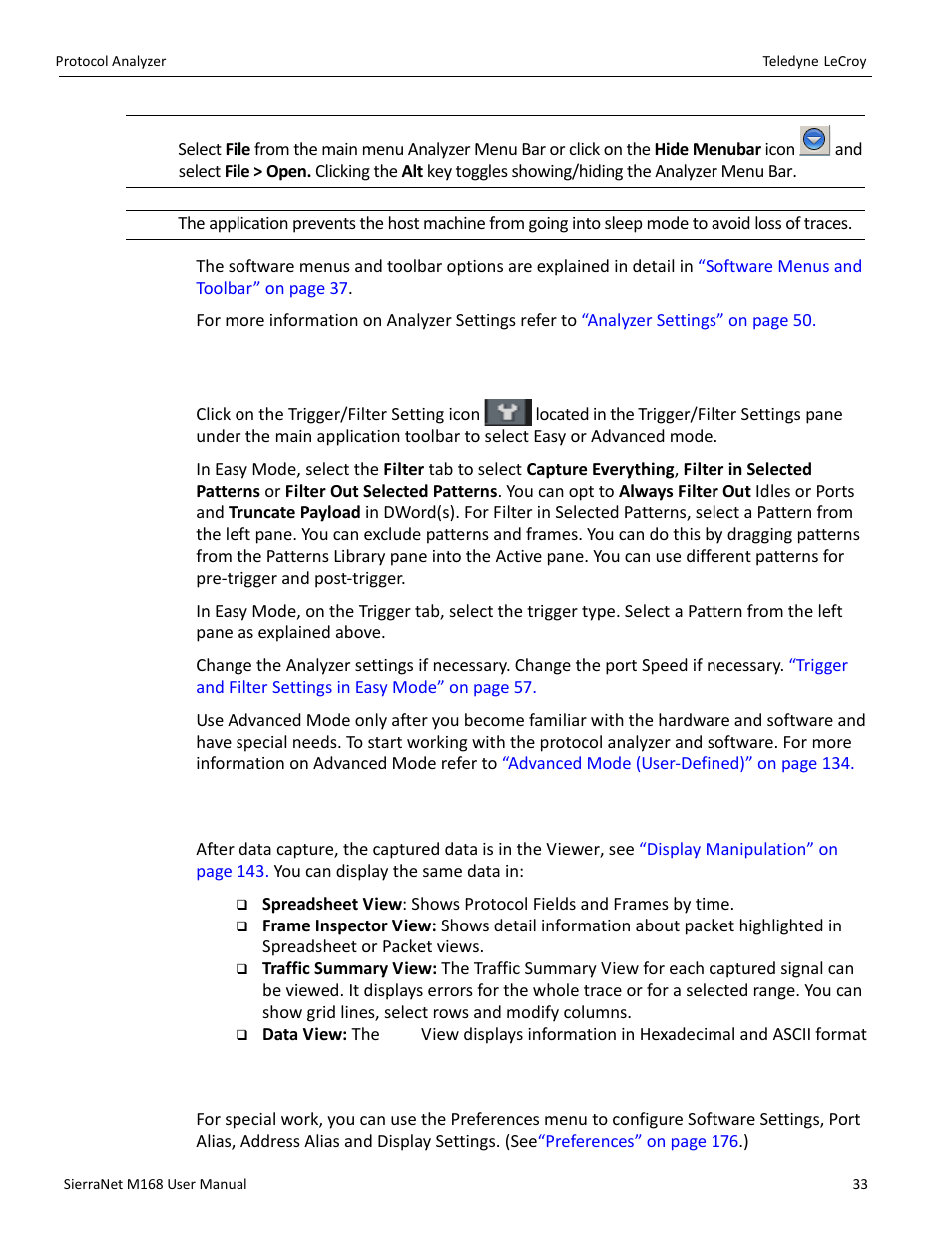 1 easy and advanced modes, 2 viewing captured data, 3 preferences | Teledyne LeCroy SierraNet M168 User Manual Ver.1.50 User Manual | Page 35 / 248