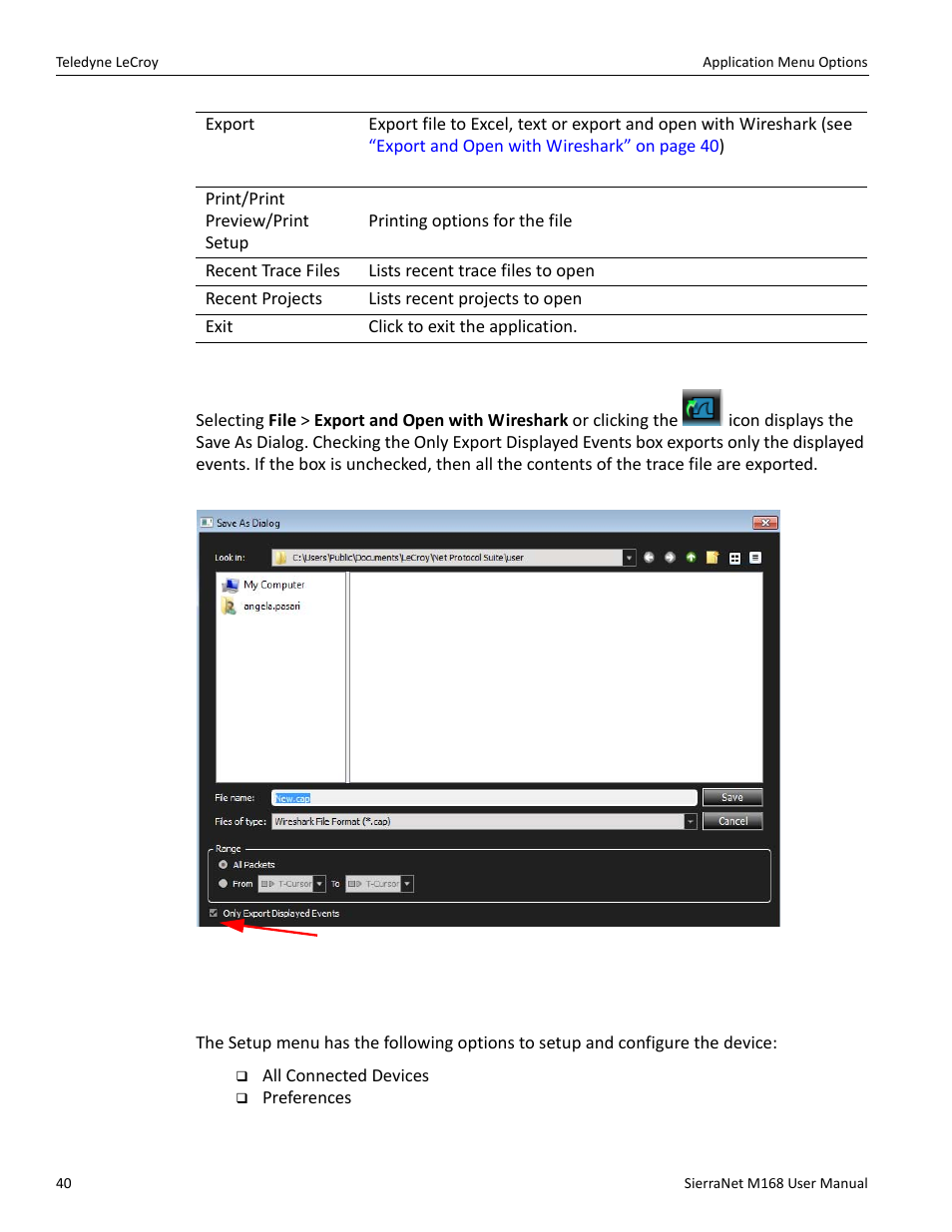 Export and open with wireshark, 2 setup | Teledyne LeCroy SierraNet M168 User Manual Ver.1.50 User Manual | Page 42 / 248