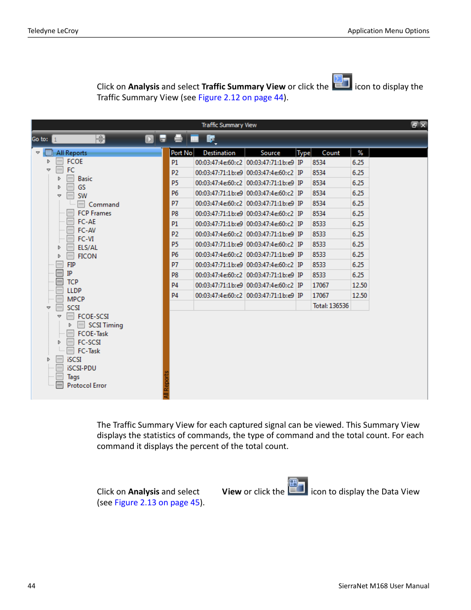 Traffic summary view, Data view | Teledyne LeCroy SierraNet M168 User Manual Ver.1.50 User Manual | Page 46 / 248