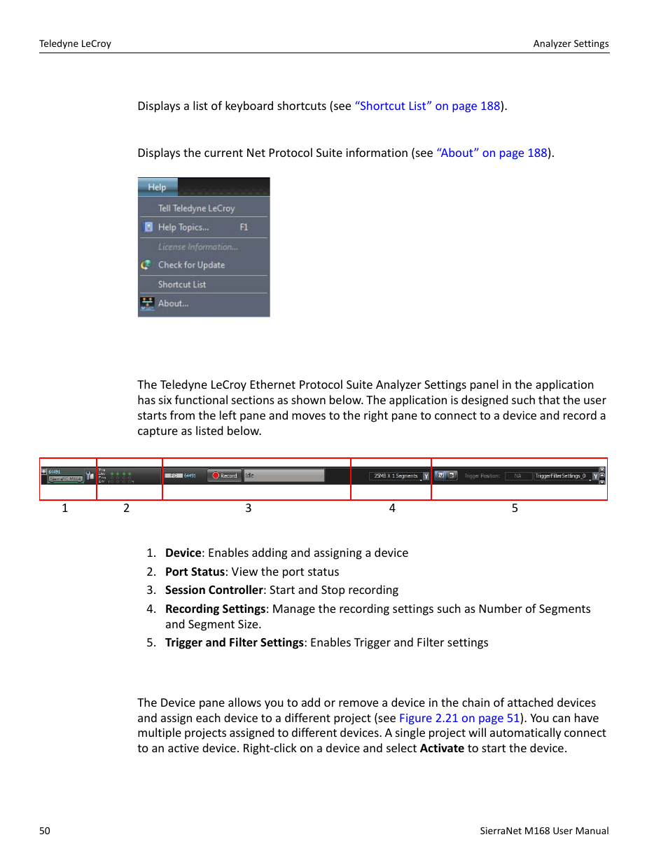 Shortcut list, About, 5 analyzer settings | 1 device pane | Teledyne LeCroy SierraNet M168 User Manual Ver.1.50 User Manual | Page 52 / 248