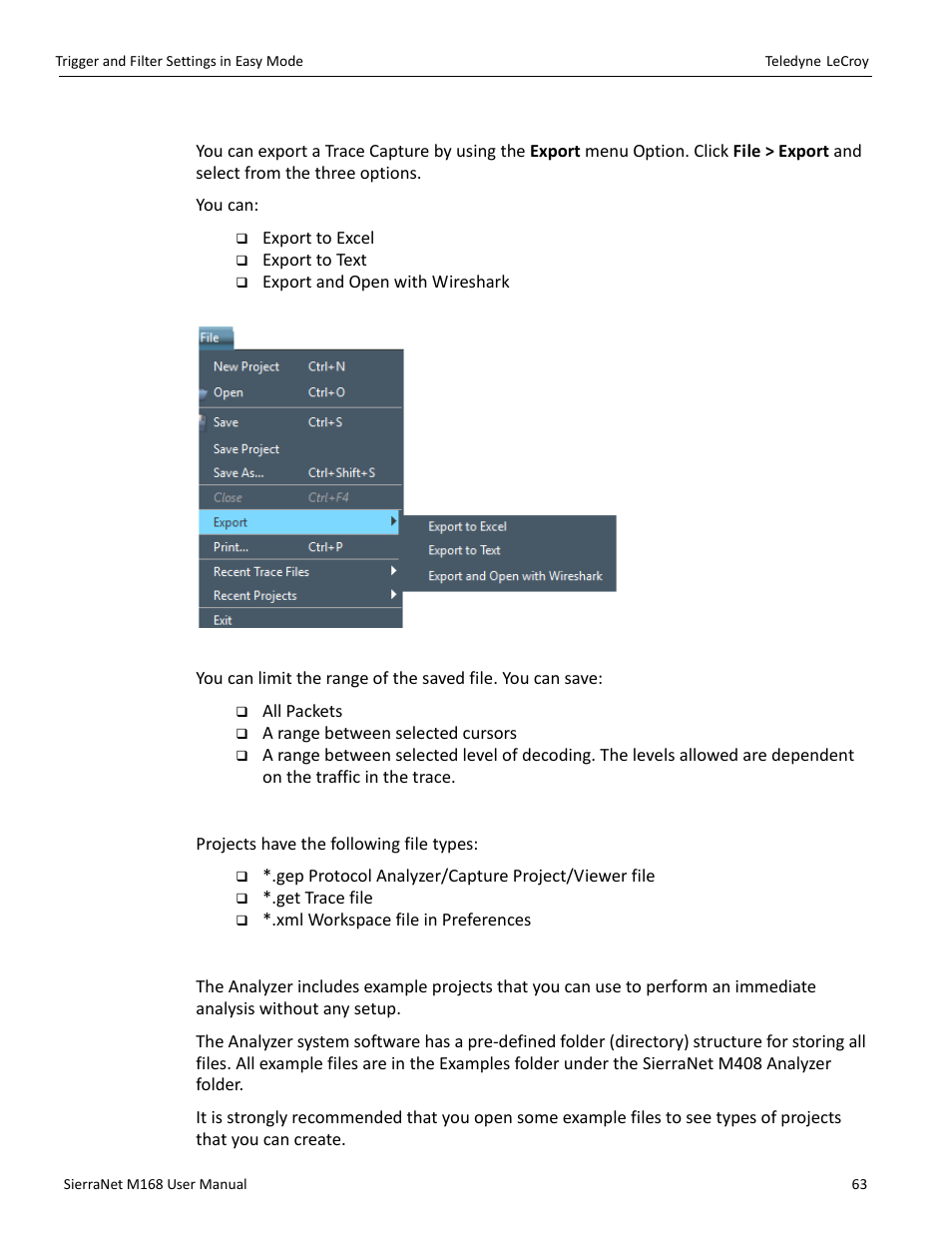 Exporting a trace capture, Project file types, Example projects | Teledyne LeCroy SierraNet M168 User Manual Ver.1.50 User Manual | Page 65 / 248