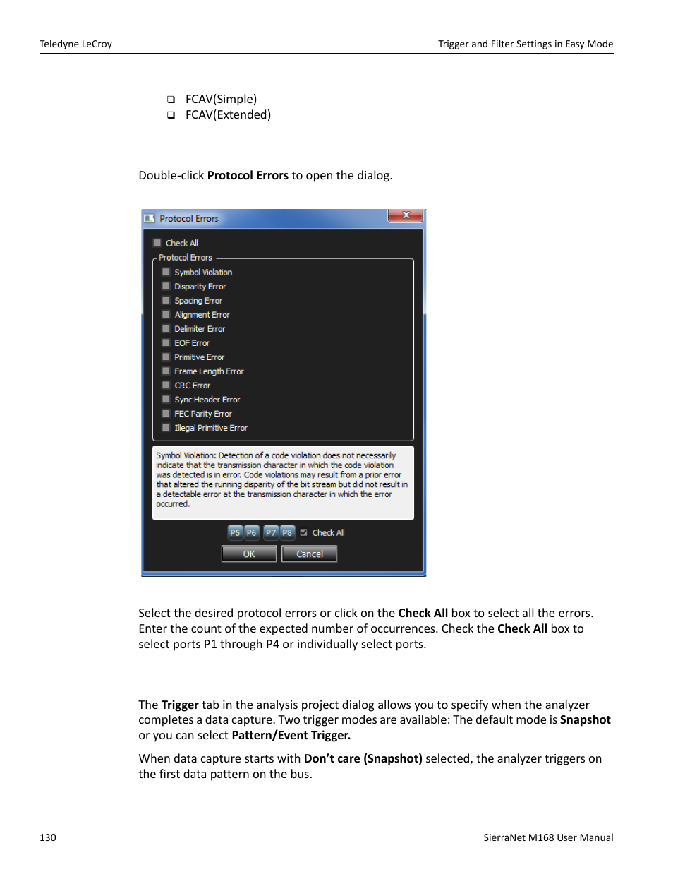 Fcav patterns, 21 protocol errors, 22 trigger setup | Trigger setup | Teledyne LeCroy SierraNet M168 User Manual Ver.1.40 User Manual | Page 132 / 228