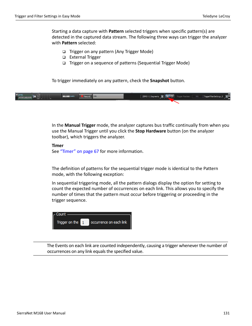 Snapshot mode, Manual trigger | Teledyne LeCroy SierraNet M168 User Manual Ver.1.40 User Manual | Page 133 / 228