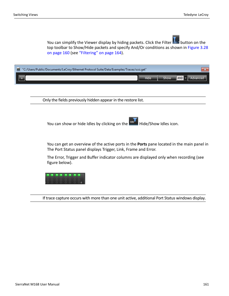 Filter: show/hide field, Show/hide idles, 8 ports status | Teledyne LeCroy SierraNet M168 User Manual Ver.1.40 User Manual | Page 163 / 228