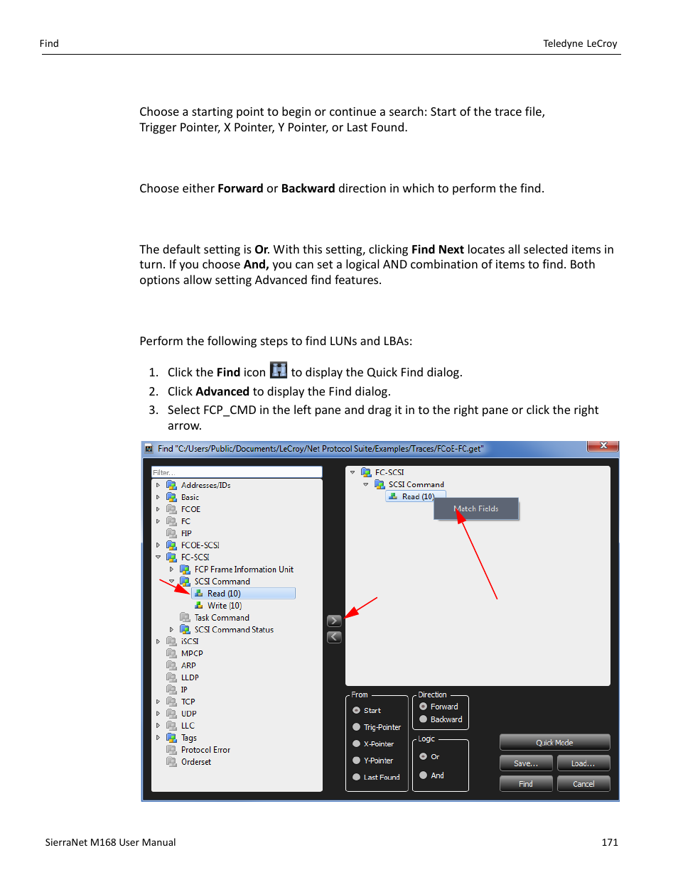 2 search from, 3 find direction, 4 find logic | 5 finding luns and lbas | Teledyne LeCroy SierraNet M168 User Manual Ver.1.40 User Manual | Page 173 / 228