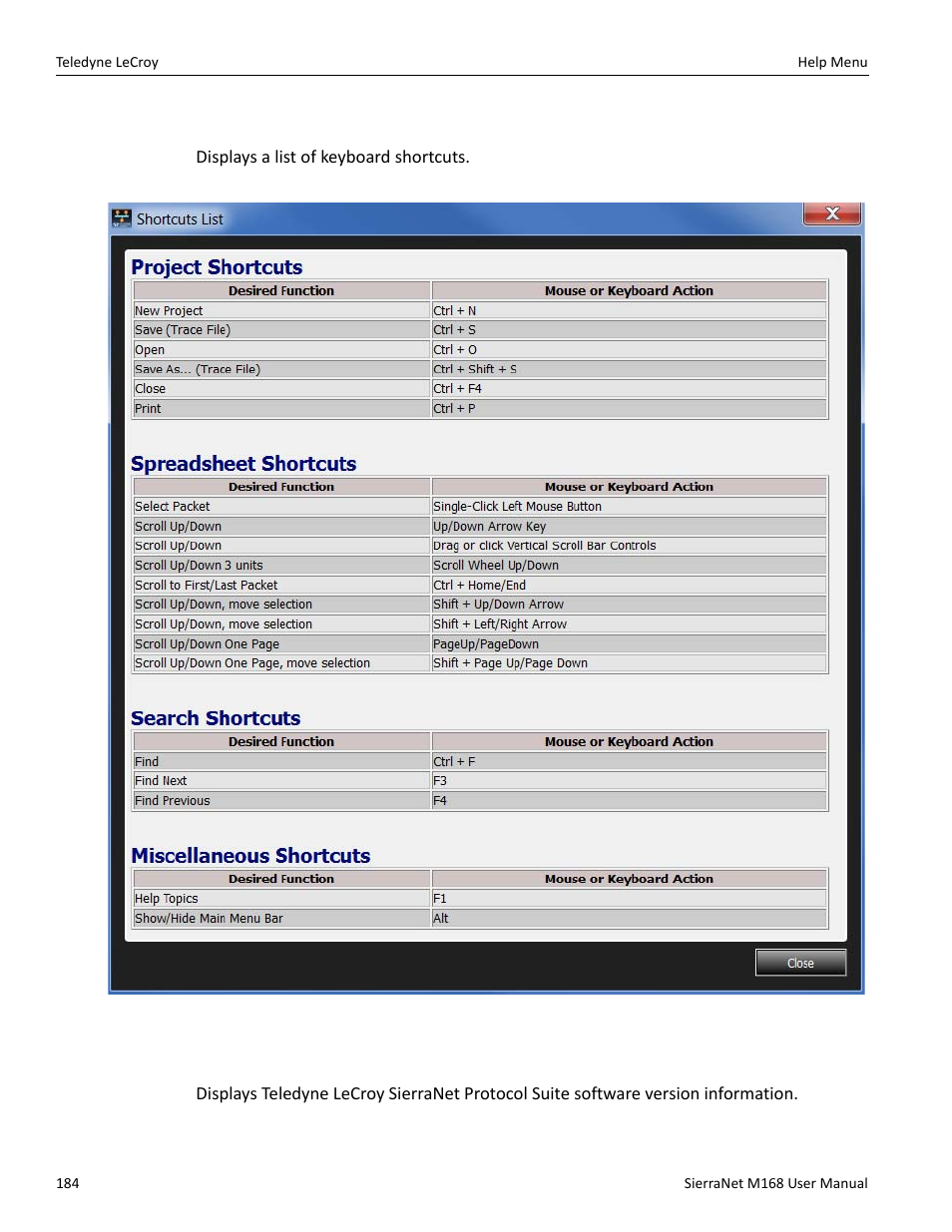 5 shortcut list, 6 about | Teledyne LeCroy SierraNet M168 User Manual Ver.1.40 User Manual | Page 186 / 228