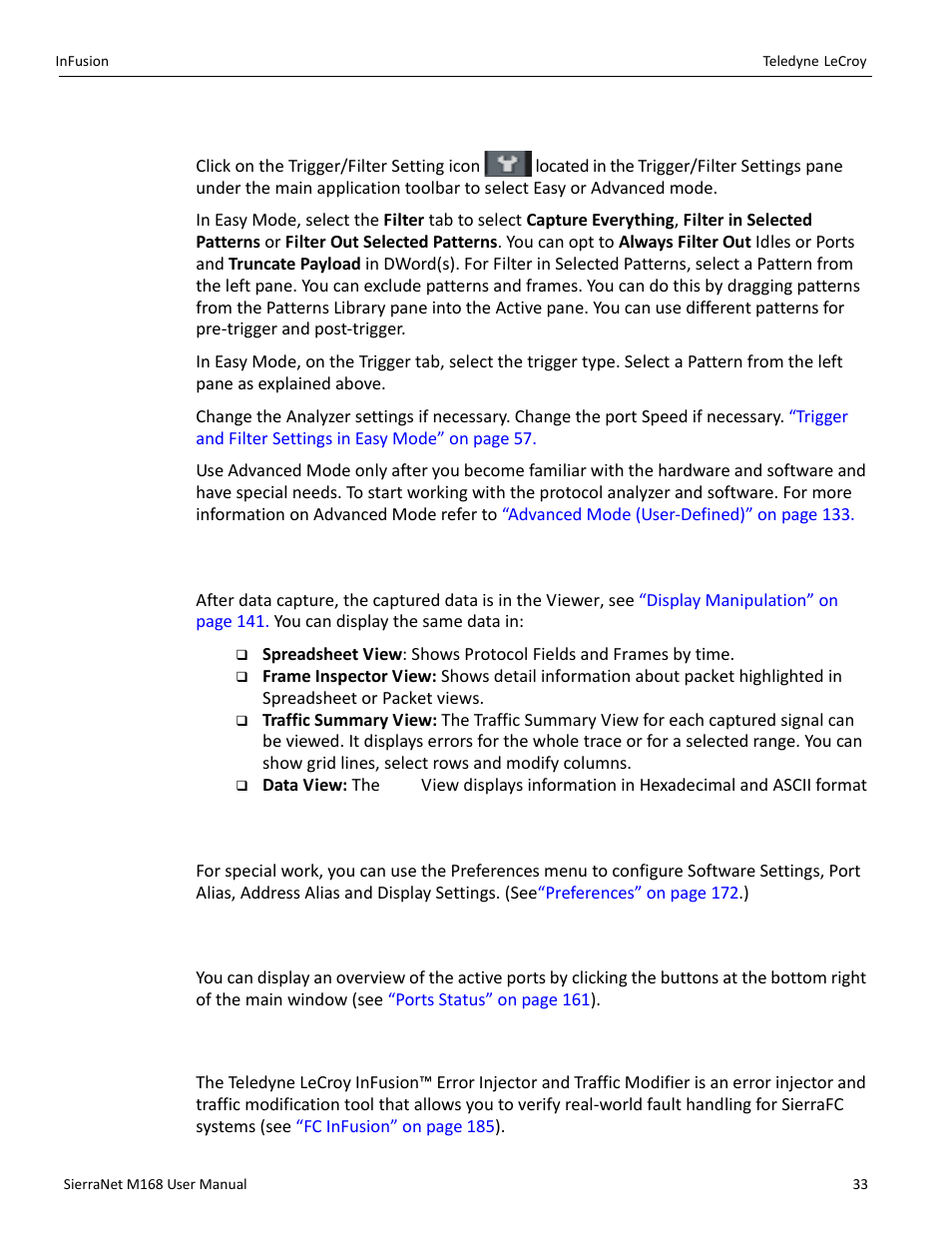 1 easy and advanced modes, 2 viewing captured data, 3 preferences | 4 port status, 8 infusion | Teledyne LeCroy SierraNet M168 User Manual Ver.1.40 User Manual | Page 35 / 228