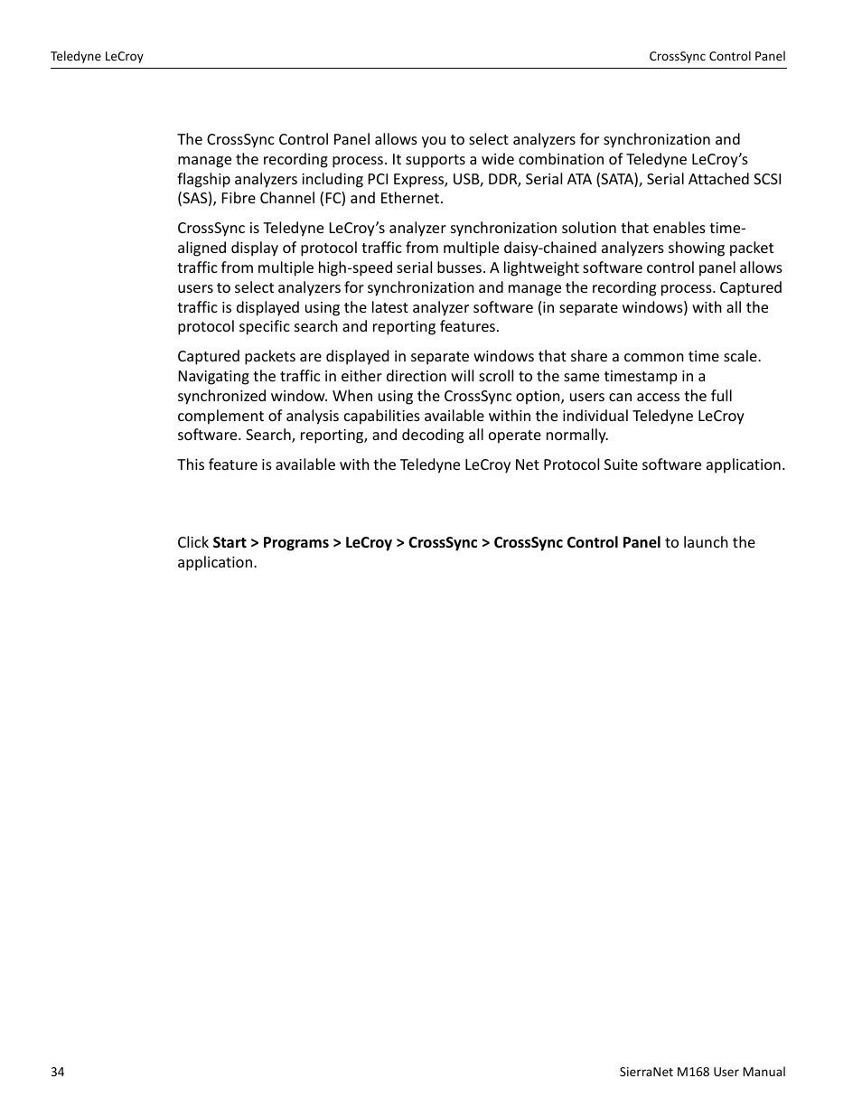 9 crosssync control panel, 1 launching the crosssync control panel | Teledyne LeCroy SierraNet M168 User Manual Ver.1.40 User Manual | Page 36 / 228