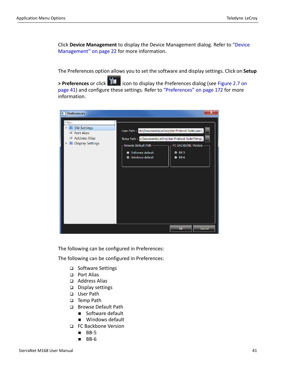 Device management, Preferences, Preferences” on | Teledyne LeCroy SierraNet M168 User Manual Ver.1.40 User Manual | Page 43 / 228