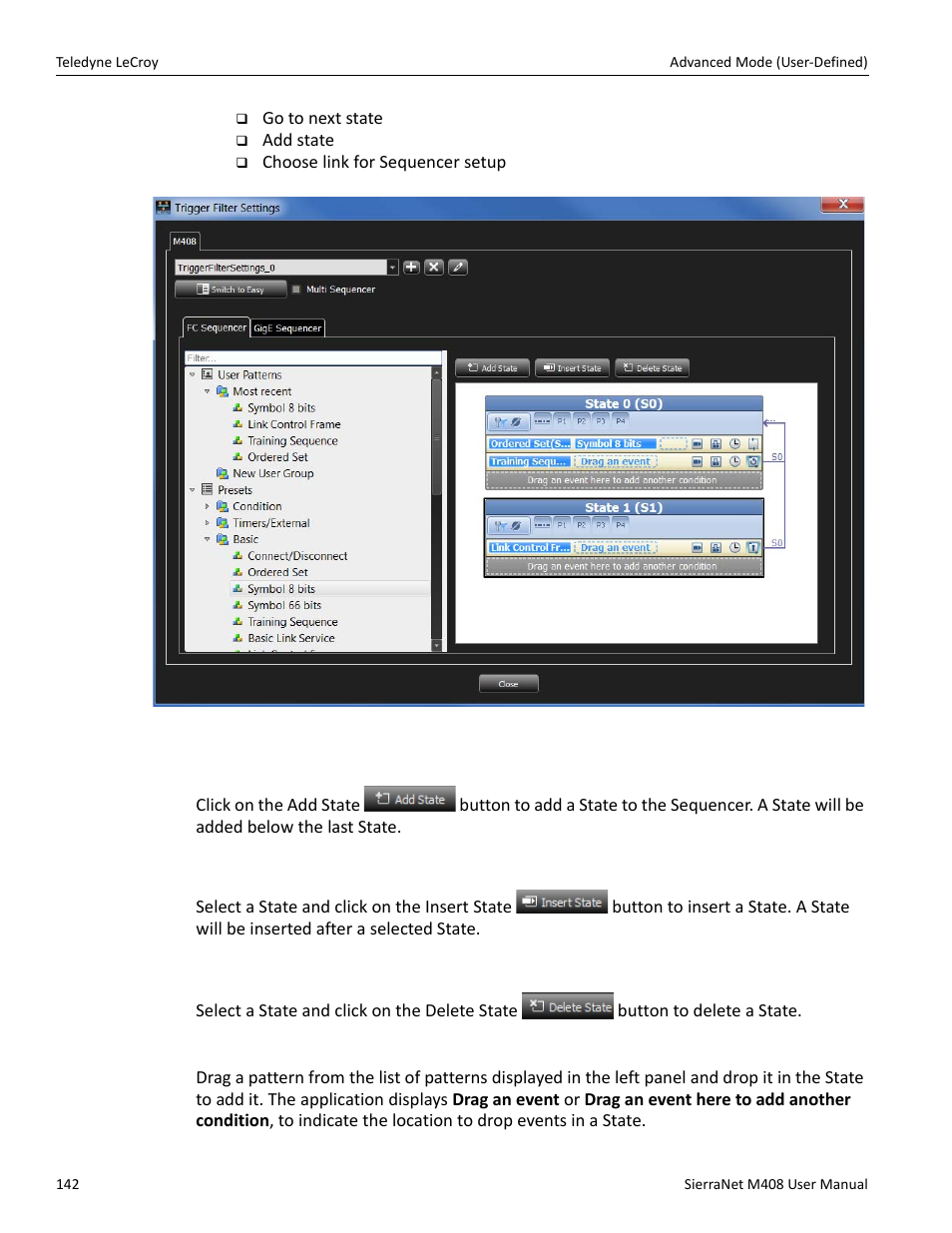 Add state, Insert state, Delete state | Adding patterns to a state | Teledyne LeCroy SierraNet M408 User Manual Ver.1.50 User Manual | Page 144 / 254