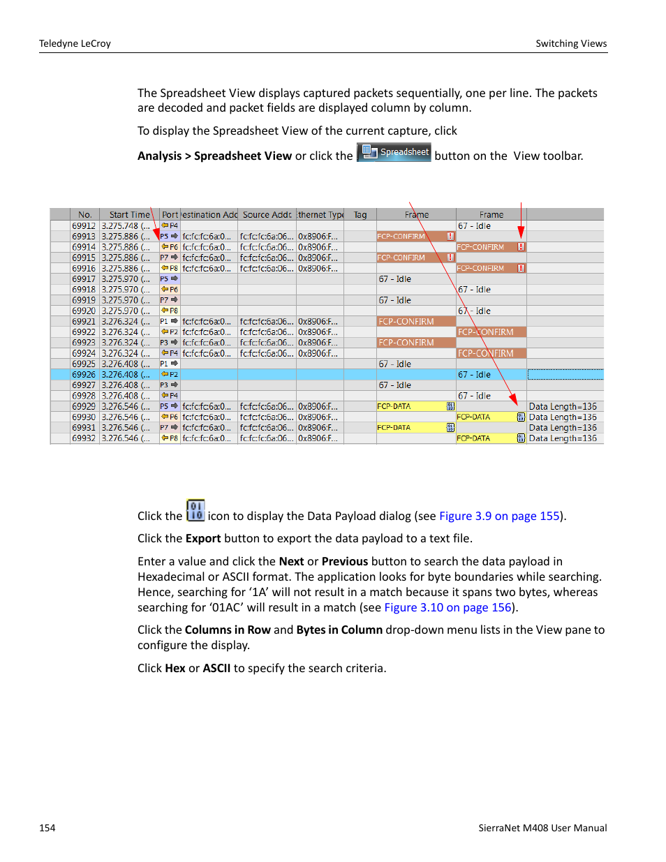 2 spreadsheet view, Data payload, Spreadsheet | Teledyne LeCroy SierraNet M408 User Manual Ver.1.50 User Manual | Page 156 / 254