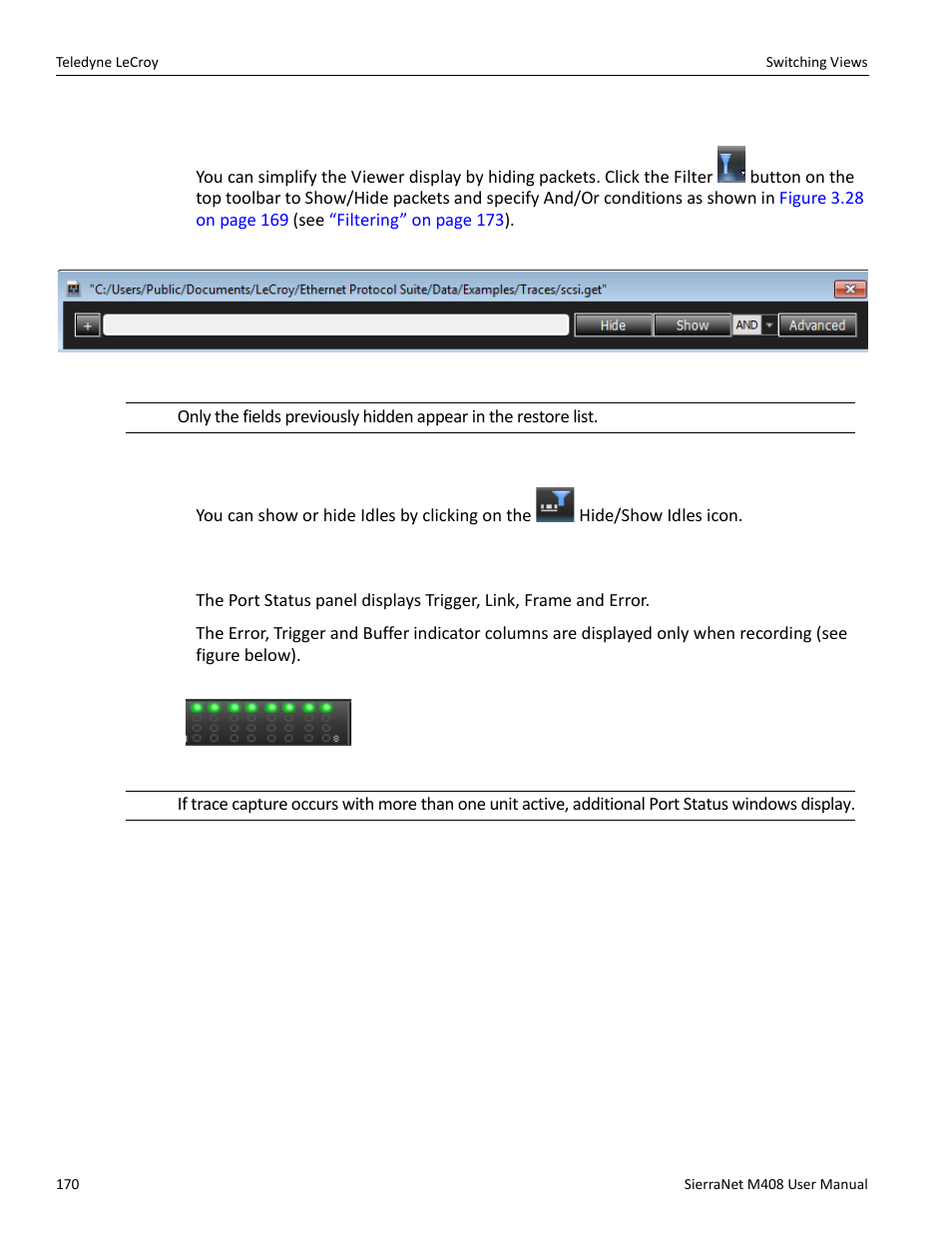 Filter: show/hide field, Show/hide idles, 8 ports status | Teledyne LeCroy SierraNet M408 User Manual Ver.1.50 User Manual | Page 172 / 254