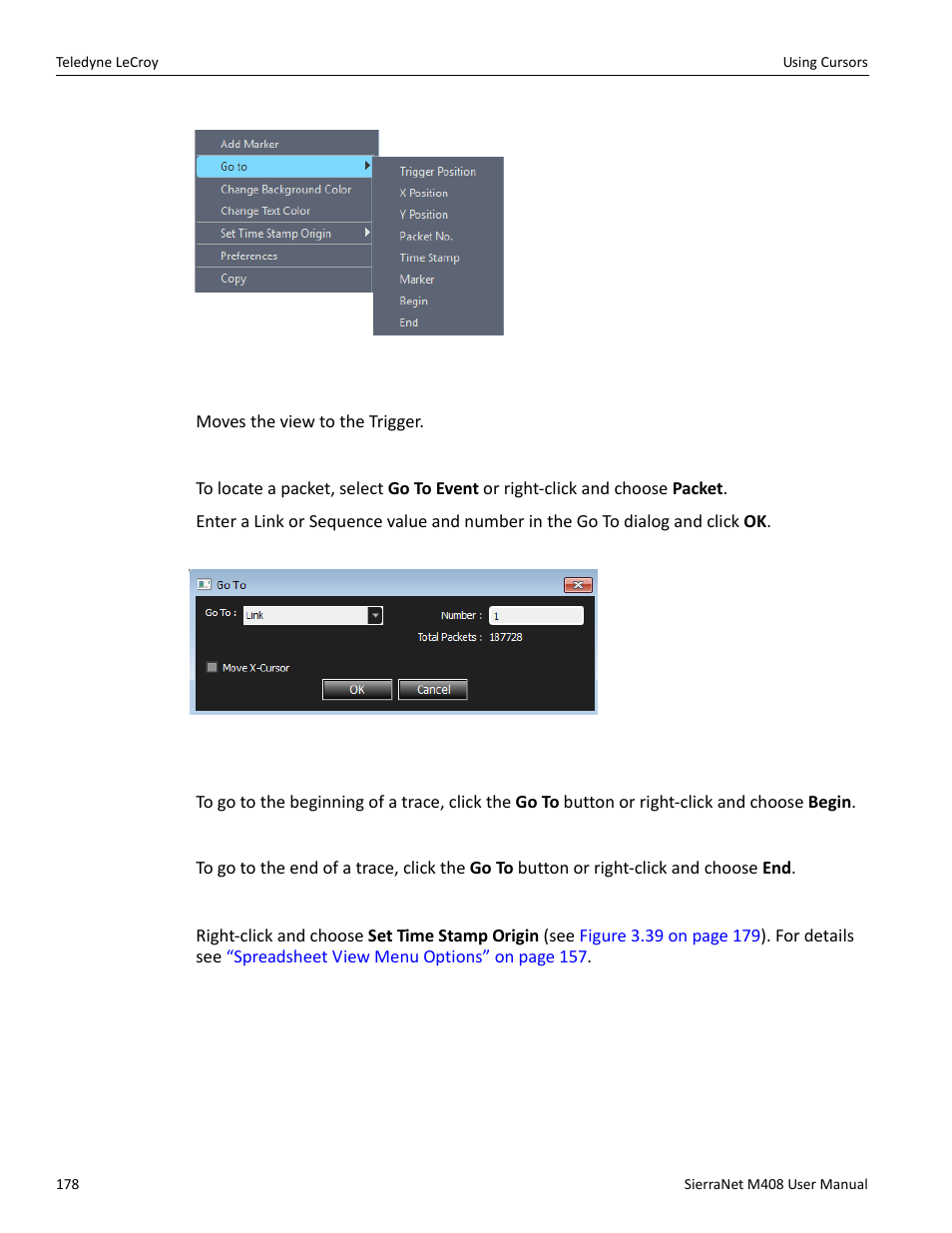 Go to trigger, Go to packet/event, Go to begin | Go to end, Set time stamp origin | Teledyne LeCroy SierraNet M408 User Manual Ver.1.50 User Manual | Page 180 / 254