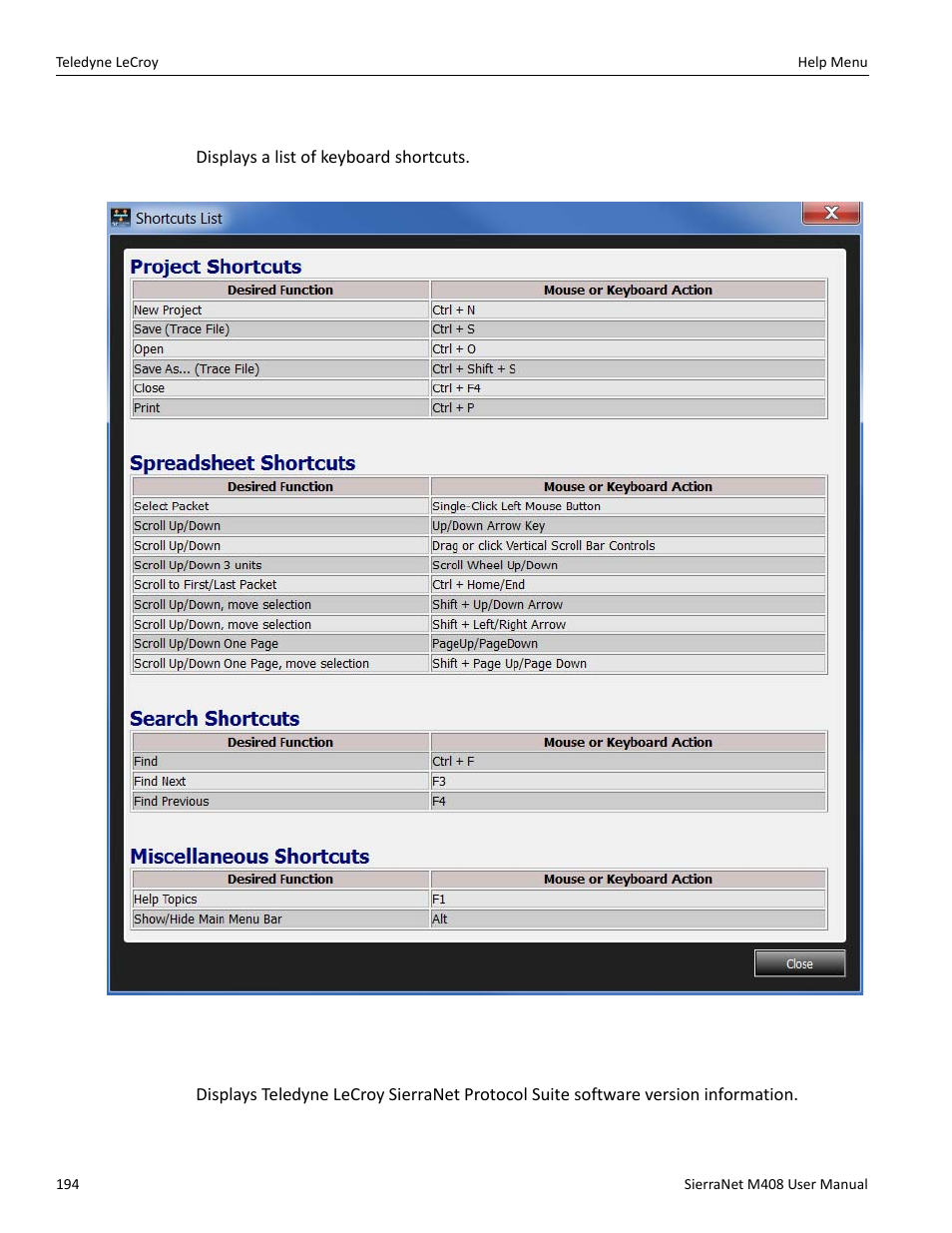 5 shortcut list, 6 about | Teledyne LeCroy SierraNet M408 User Manual Ver.1.50 User Manual | Page 196 / 254