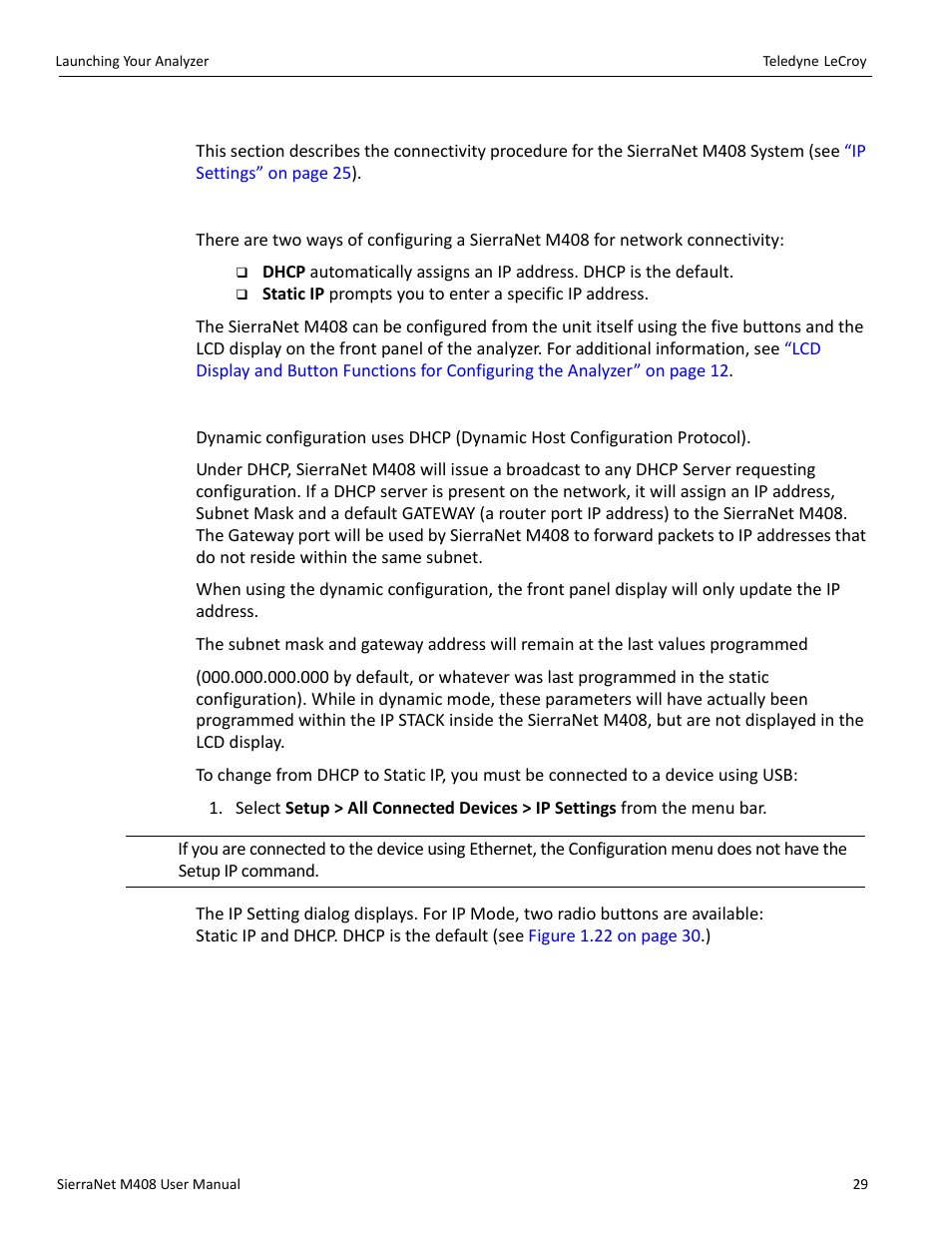 Setup ip, Configuring the ethernet connection, Dynamic configurations | Teledyne LeCroy SierraNet M408 User Manual Ver.1.50 User Manual | Page 31 / 254