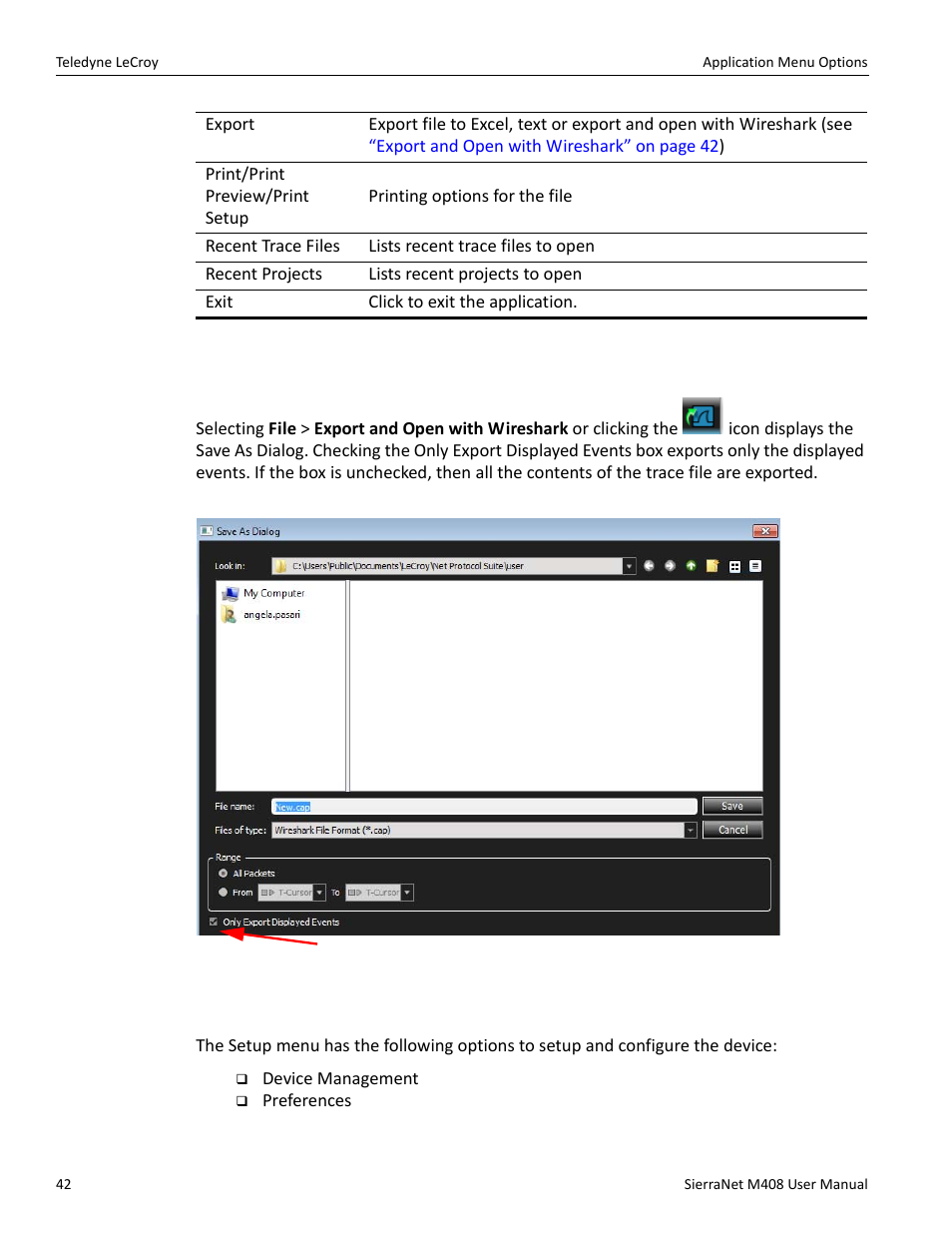 Export and open with wireshark, 2 setup, Export and open with wireshark” on | Teledyne LeCroy SierraNet M408 User Manual Ver.1.50 User Manual | Page 44 / 254