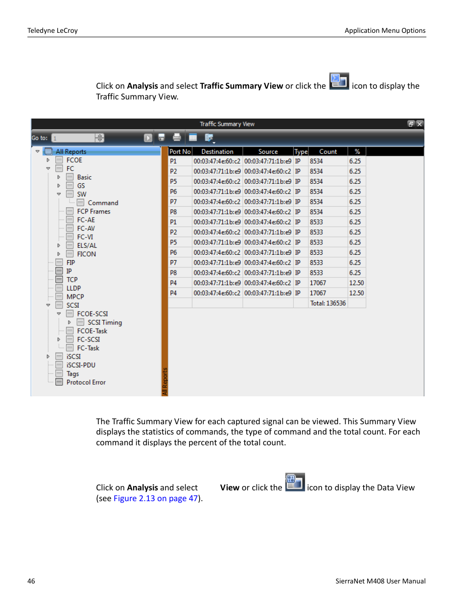 Traffic summary view, Data view | Teledyne LeCroy SierraNet M408 User Manual Ver.1.50 User Manual | Page 48 / 254