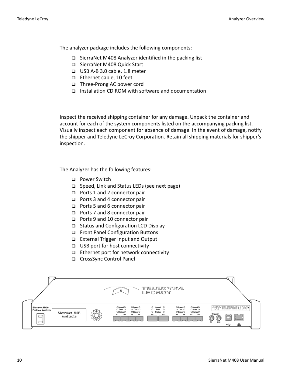 1 receiving your analyzer, 2 unpacking the analyzer, 3 analyzer features | Teledyne LeCroy SierraNet M408 User Manual Ver.1.40 User Manual | Page 12 / 234