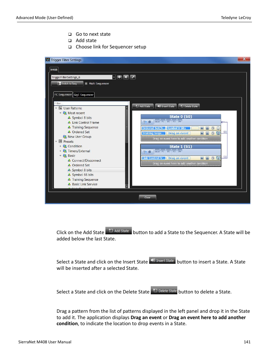 Add state, Insert state, Delete state | Adding patterns to a state | Teledyne LeCroy SierraNet M408 User Manual Ver.1.40 User Manual | Page 143 / 234