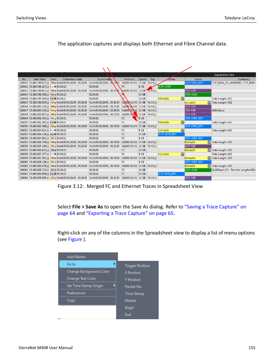 Save as and export, Spreadsheet view menu options | Teledyne LeCroy SierraNet M408 User Manual Ver.1.40 User Manual | Page 157 / 234