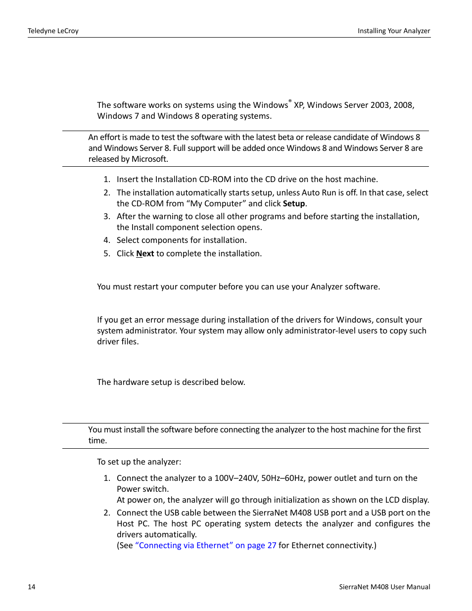 2 installing your analyzer, 1 software installation, System restart | Error message, 3 hardware setup, 1 connecting in general | Teledyne LeCroy SierraNet M408 User Manual Ver.1.40 User Manual | Page 16 / 234