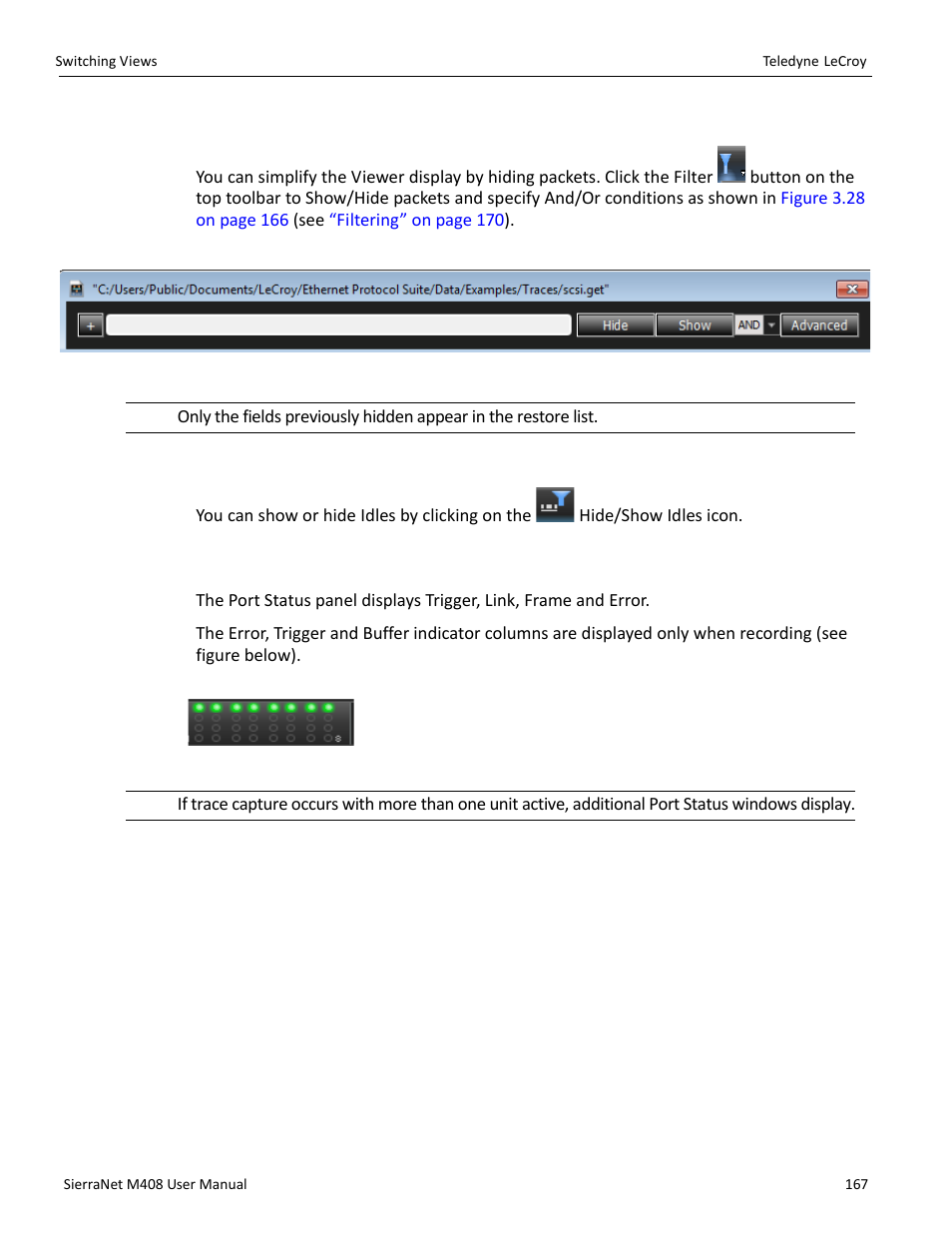 Filter: show/hide field, Show/hide idles, 8 ports status | Teledyne LeCroy SierraNet M408 User Manual Ver.1.40 User Manual | Page 169 / 234